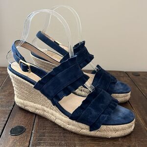 Jack Rogers Wedge Espadrille‎ Navy Blue Ruffle Double Strap Size 8.5